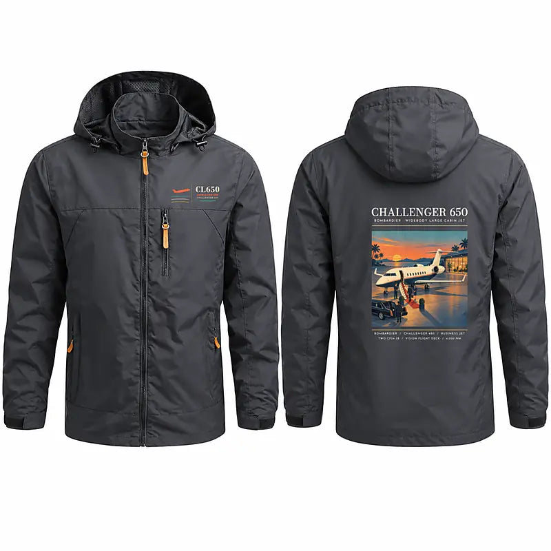 Bombardier Challenger 650 Stylish Jackets - Hooded Windbreaker - Poster - Charcoal