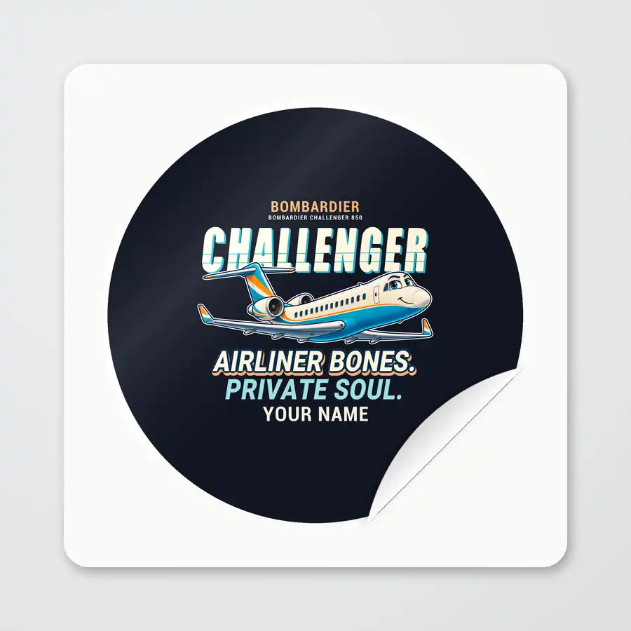 Bombardier Challenger 850 - Cartoon + Name - Circle Sticker - Peel