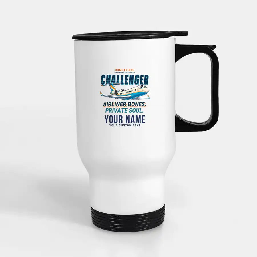 Bombardier Challenger 850 - Cartoon + Name - Stainless Steel with Holder - White