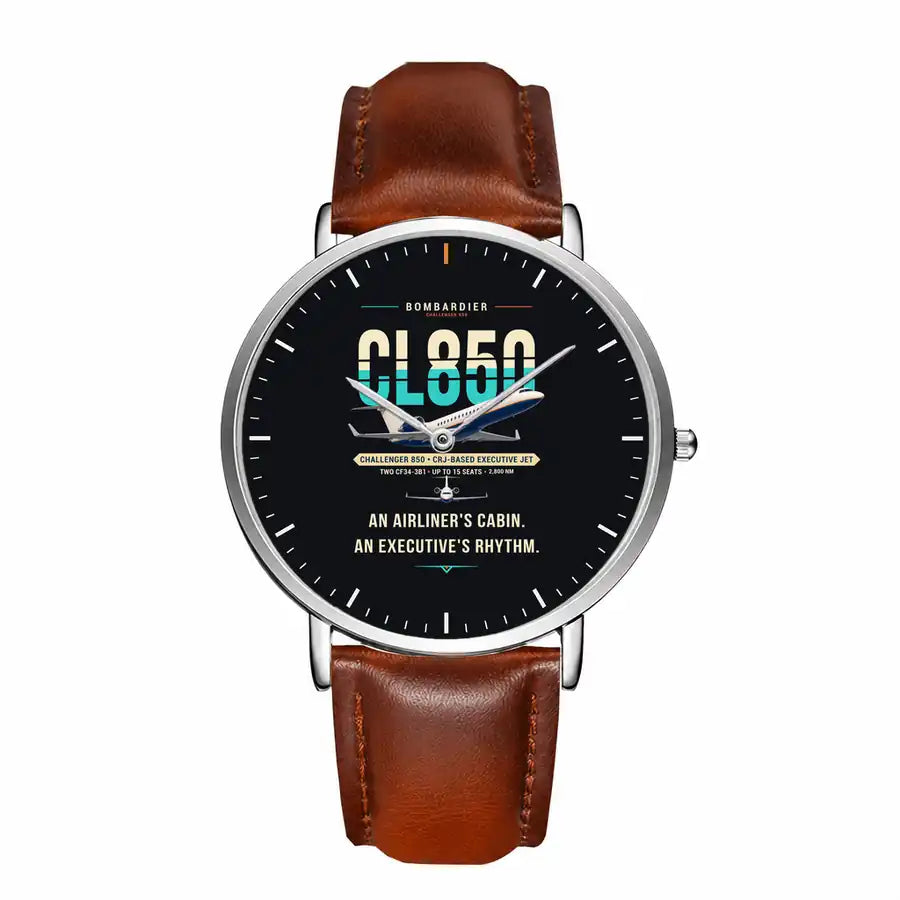 Bombardier Challenger 850 - Original - Slim Leather - Silver and Brown Leather Strap