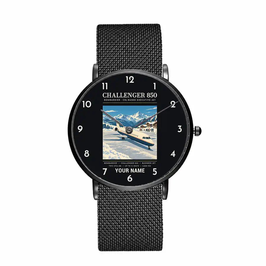 Bombardier Challenger 850 - Poster + Name - Slim Mesh - Black and Stainless Steel Strap