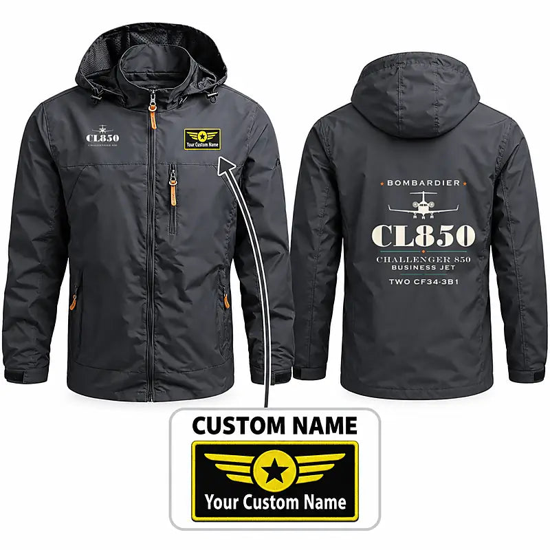 Bombardier Challenger 850 Stylish Jackets - Hooded Windbreaker - Heritage + Name - Charcoal