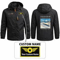 Thumbnail for Bombardier Challenger 850 Stylish Jackets - Hooded Windbreaker - Poster + Name - Black