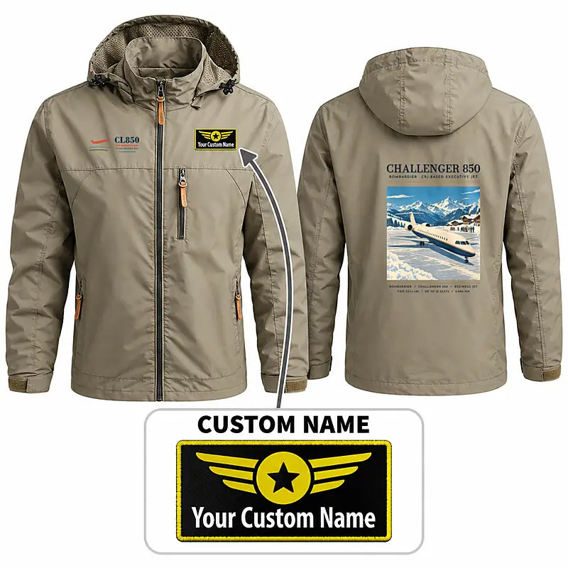 Bombardier Challenger 850 Stylish Jackets - Hooded Windbreaker - Poster + Name - Khaki