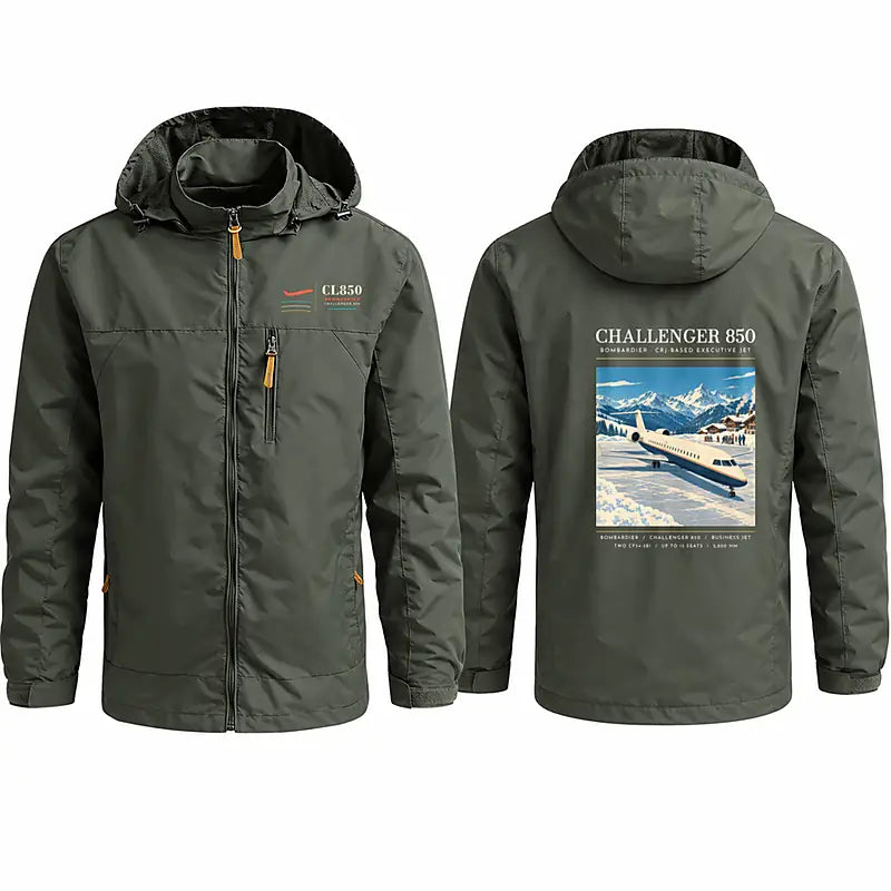 Bombardier Challenger 850 Stylish Jackets - Hooded Windbreaker - Poster - Olive Green