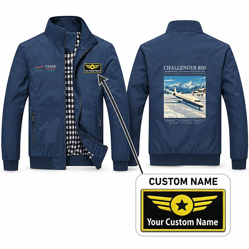 Bombardier Challenger 850 Stylish Jackets - Stand Collar - Poster + Name - Navy Blue