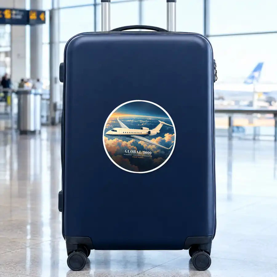 Bombardier Global 5000 - 3D + Name - Circle Sticker - Suitcase