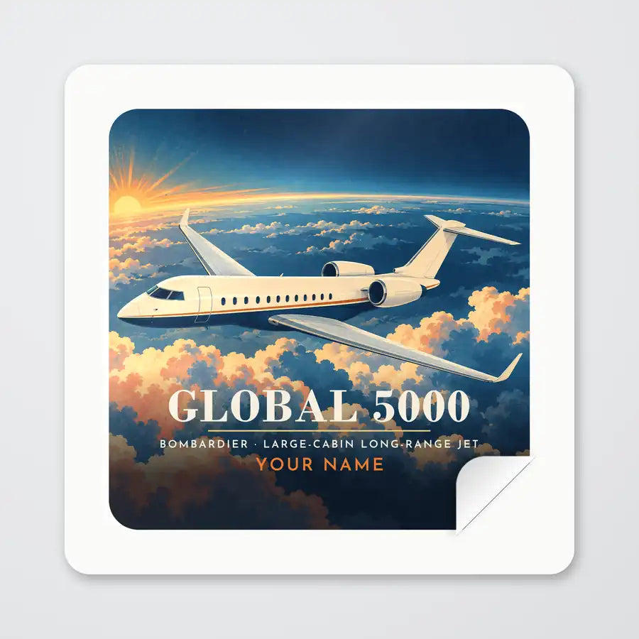Bombardier Global 5000 - 3D + Name - Square Sticker - Peel