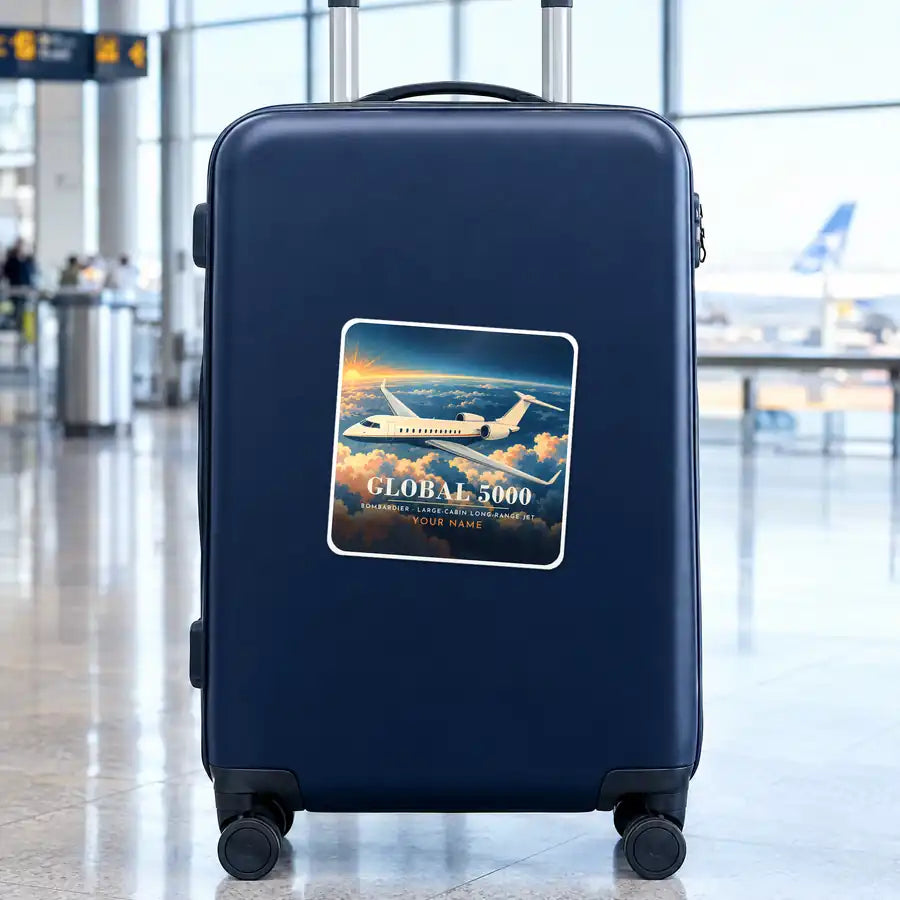 Bombardier Global 5000 - 3D + Name - Square Sticker - Suitcase