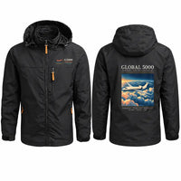 Thumbnail for Bombardier Global 5000 Stylish Jackets - Hooded Windbreaker - Poster - Black