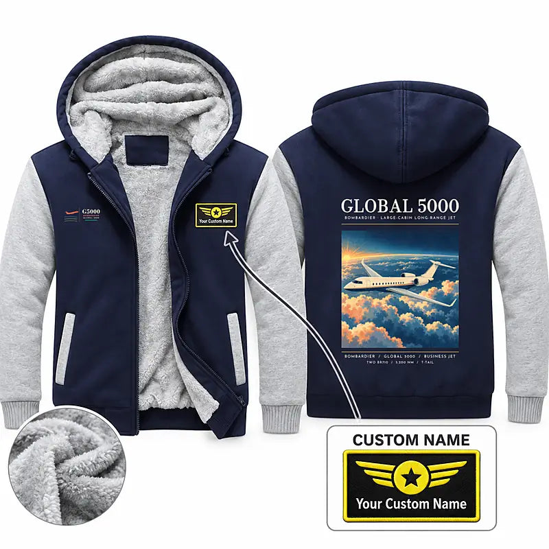 Bombardier Global 5000 Zipped Sweatshirts - Poster + Name - Navy & Gray