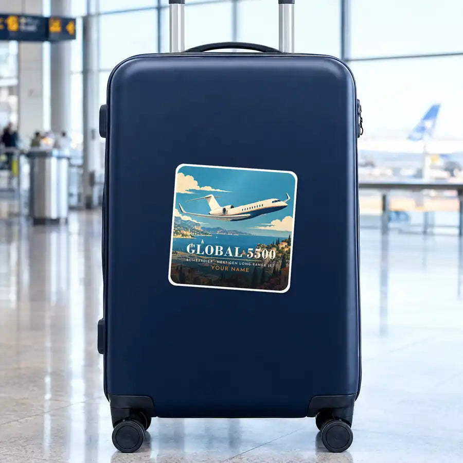 Bombardier Global 5500 - 3D + Name - Square Sticker - Suitcase