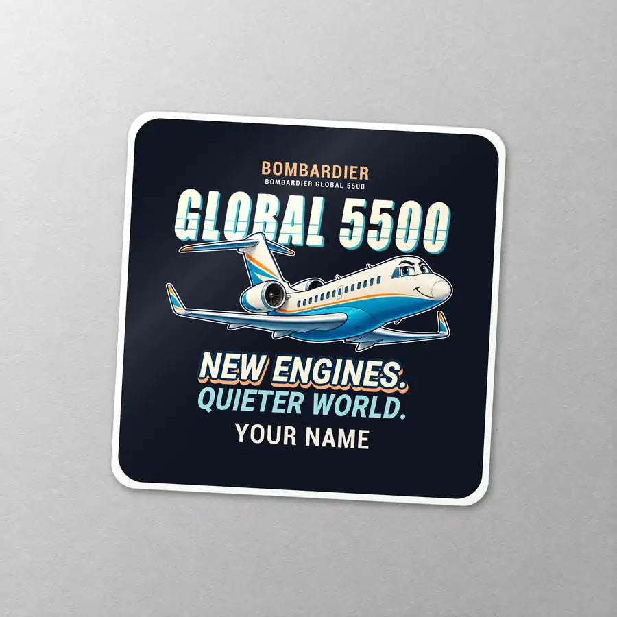Bombardier Global 5500 - Cartoon + Name - Square Sticker - Close-up