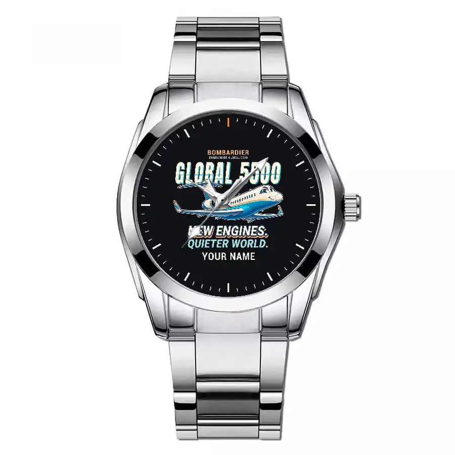 Bombardier Global 5500 - Cartoon + Name - Stainless Steel Band - For Men