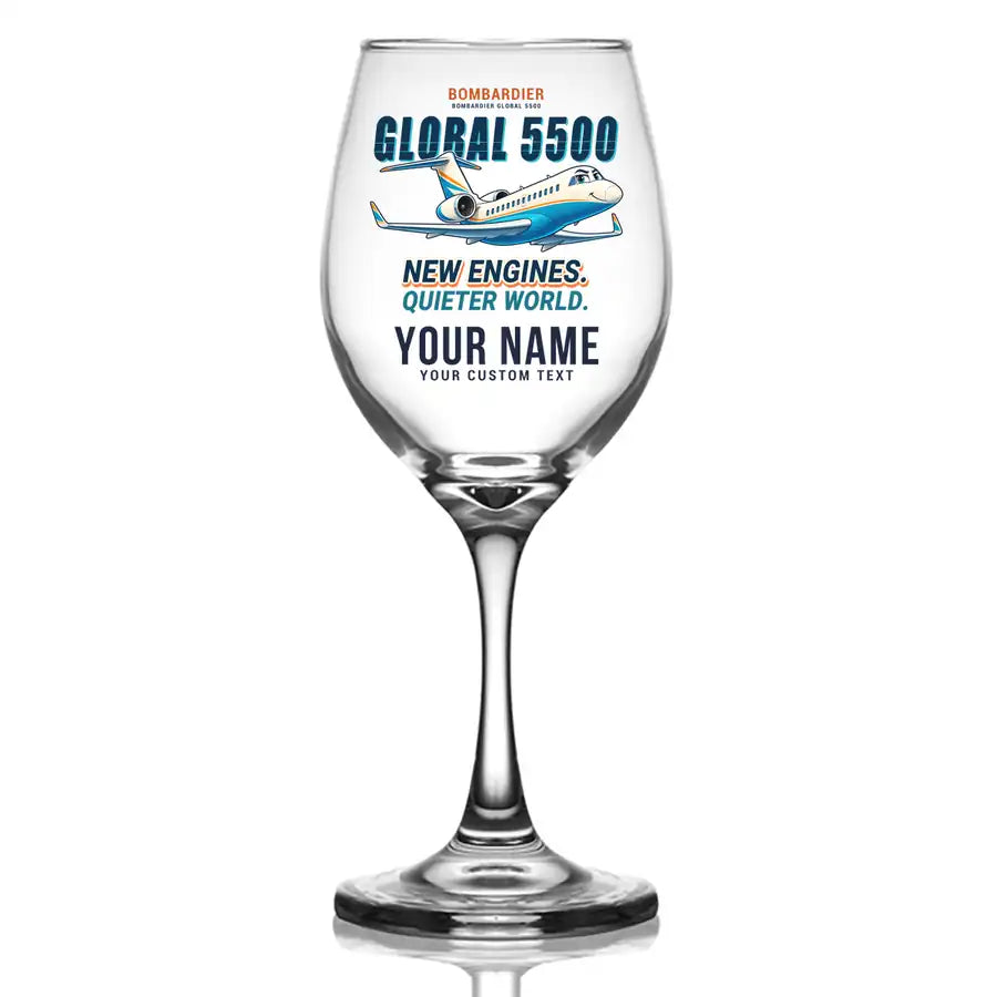Bombardier Global 5500 - Cartoon + Name - Wine Glass