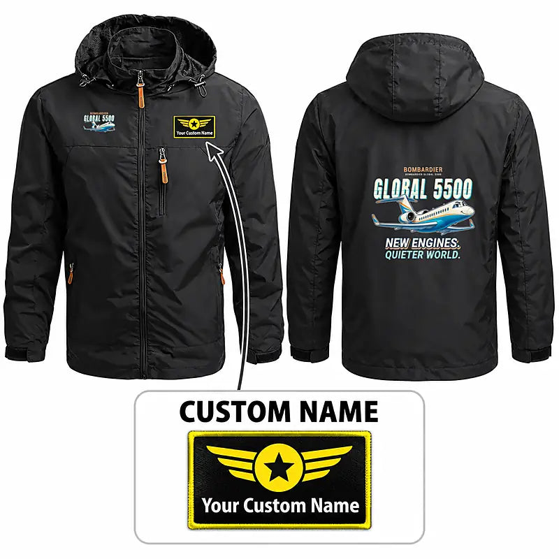 Bombardier Global 5500 Stylish Jackets - Hooded Windbreaker - Cartoon + Name - Black