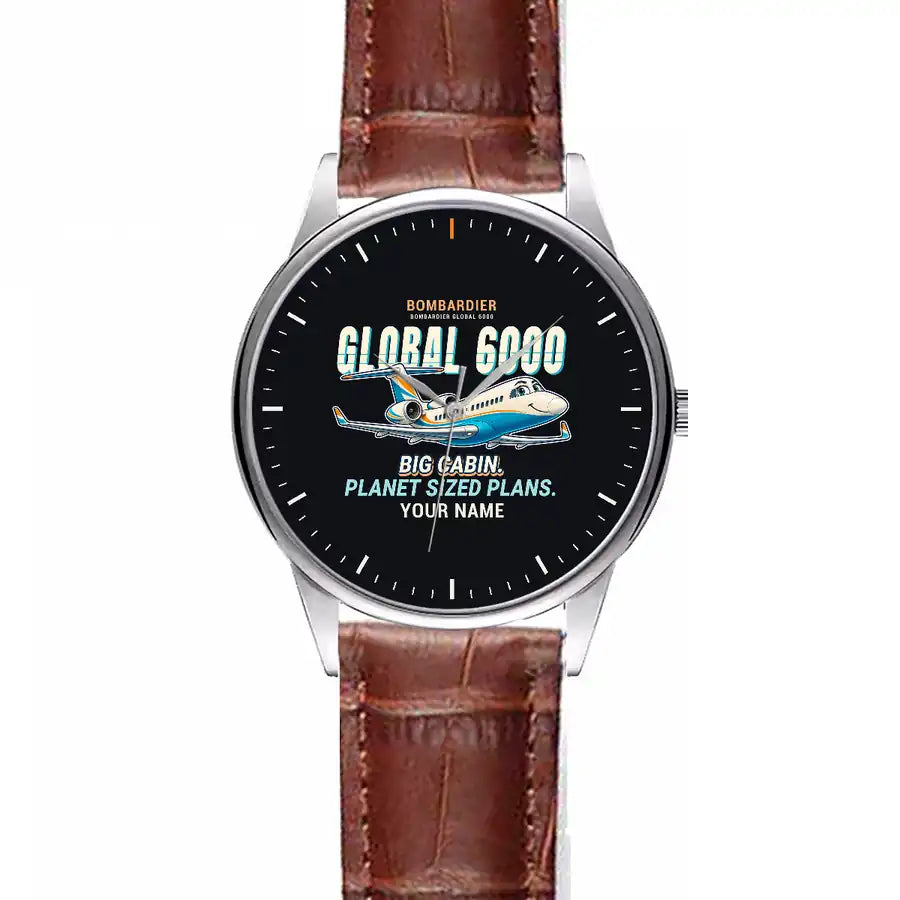 Bombardier Global 6000 - Cartoon + Name - Leather Strap - Striped Brown Leather Strap
