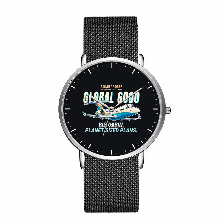 Bombardier Global 6000 - Cartoon - Slim Mesh - Silver and Black Stainless Steel Strap