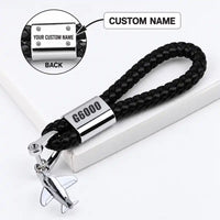 Thumbnail for Bombardier Global 6000 - Leather Key Chain - Braided Leather - Tag - Black + Name