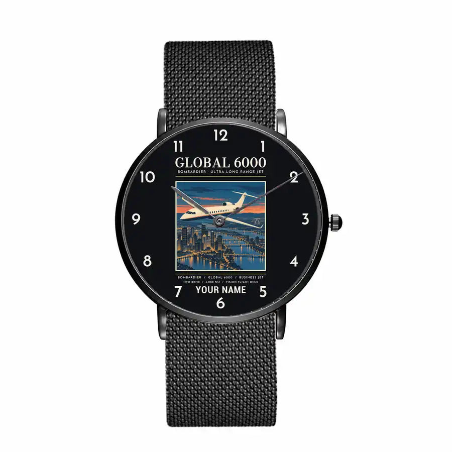 Bombardier Global 6000 - Poster + Name - Slim Mesh - Black and Stainless Steel Strap