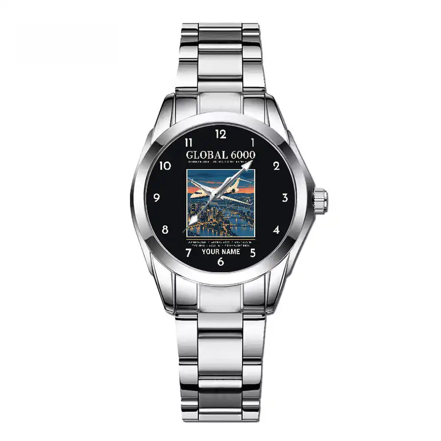 Bombardier Global 6000 - Poster + Name - Stainless Steel Band - For Children and Women