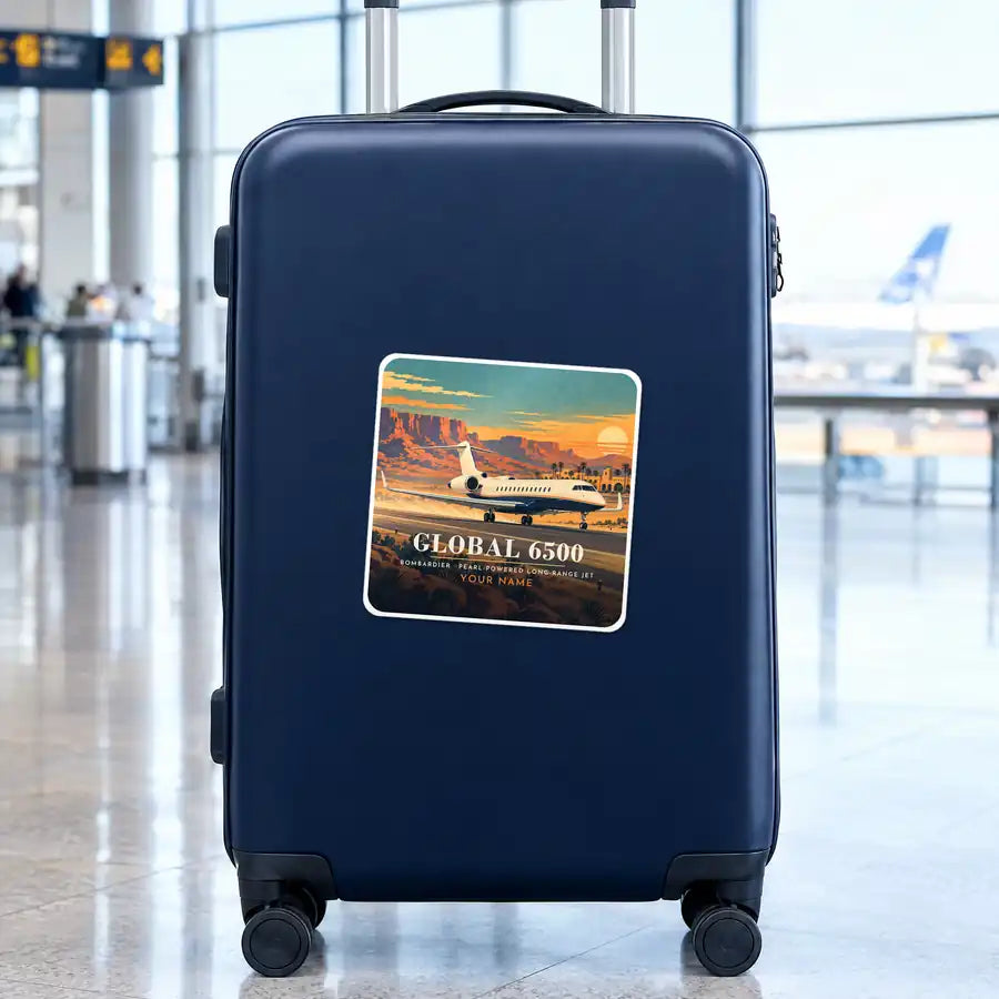 Bombardier Global 6500 - 3D + Name - Square Sticker - Suitcase