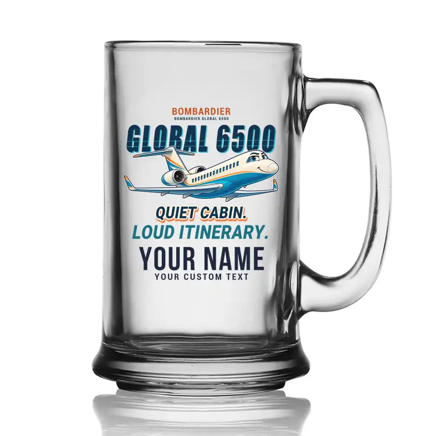 Bombardier Global 6500 - Cartoon + Name - Beer Glass with Holder