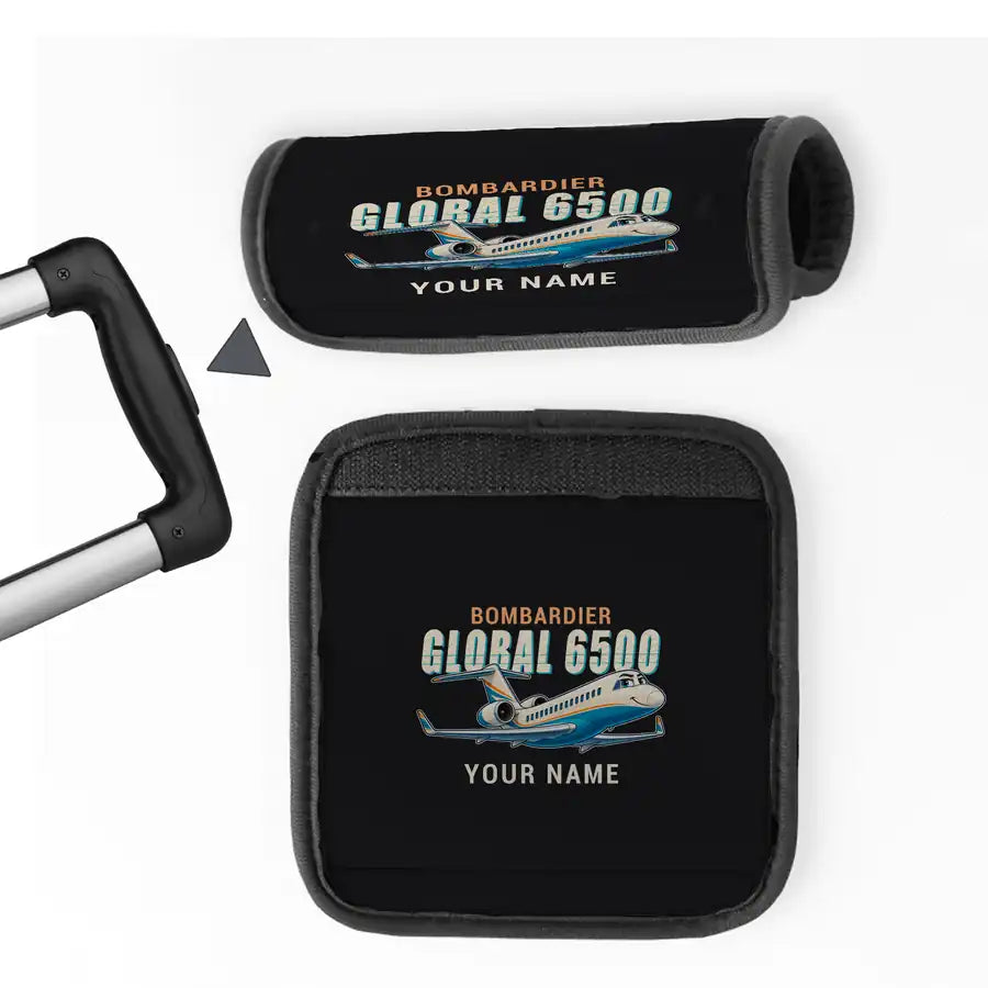 Bombardier Global 6500 - Cartoon + Name - Luggage Handle Cover - Black
