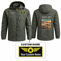 Thumbnail for Bombardier Global 6500 Stylish Jackets - Hooded Windbreaker - Poster + Name - Olive Green