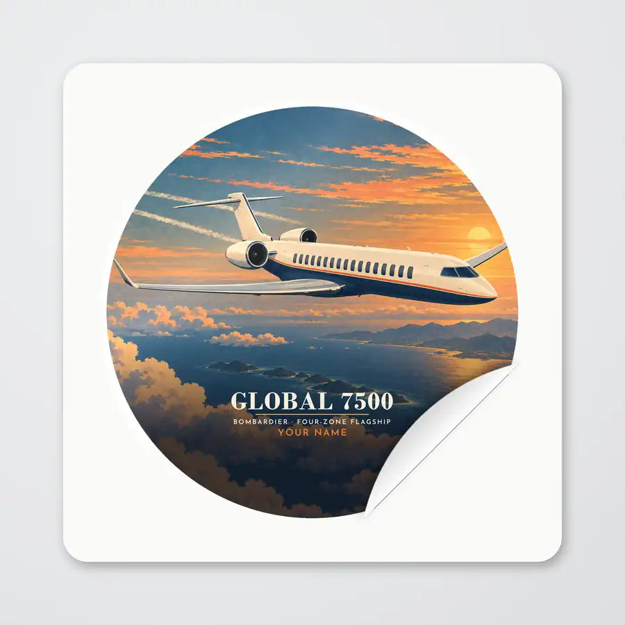 Bombardier Global 7500 - 3D + Name - Circle Sticker - Peel