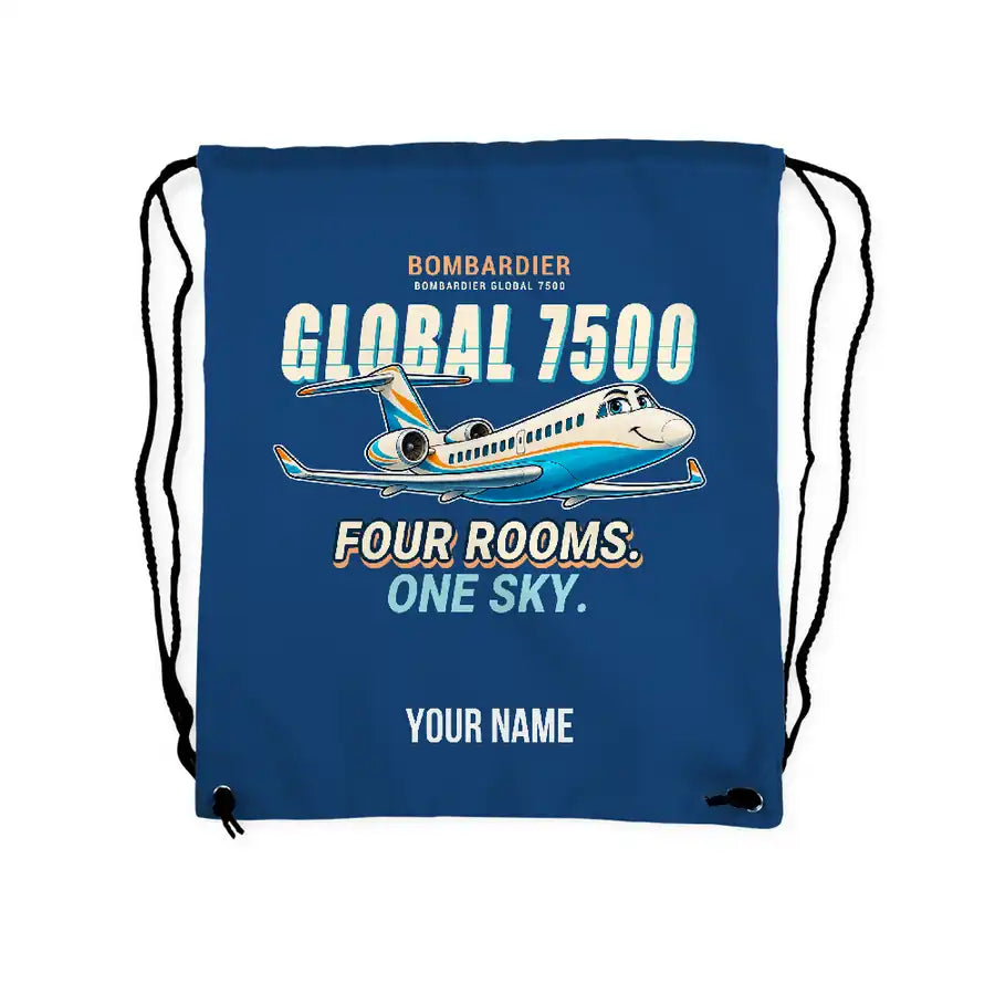 Bombardier Global 7500 - Drawstring Bag - Cartoon + Name - Blue