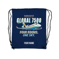 Thumbnail for Bombardier Global 7500 - Drawstring Bag - Cartoon + Name - Dark Blue
