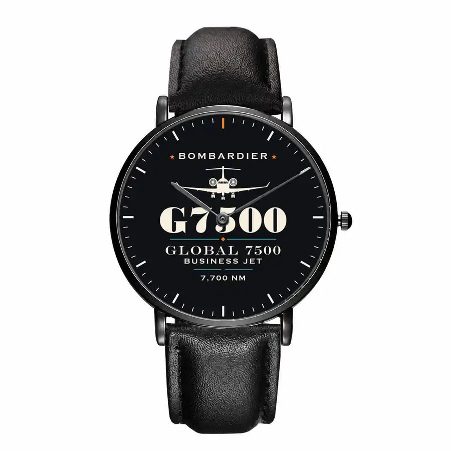 Bombardier Global 7500 - Heritage - Slim Leather - Black and Black Leather Strap