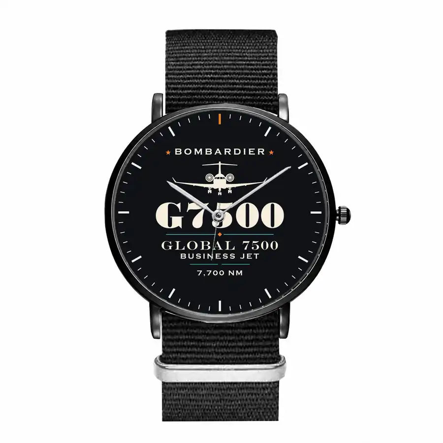 Bombardier Global 7500 - Heritage - Slim Leather - Black and Black Nylon Strap