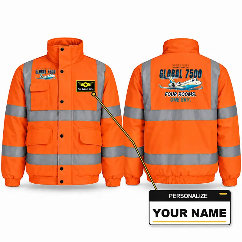 Bombardier Global 7500 Reflective Winter Jackets - Cartoon + Name - Orange