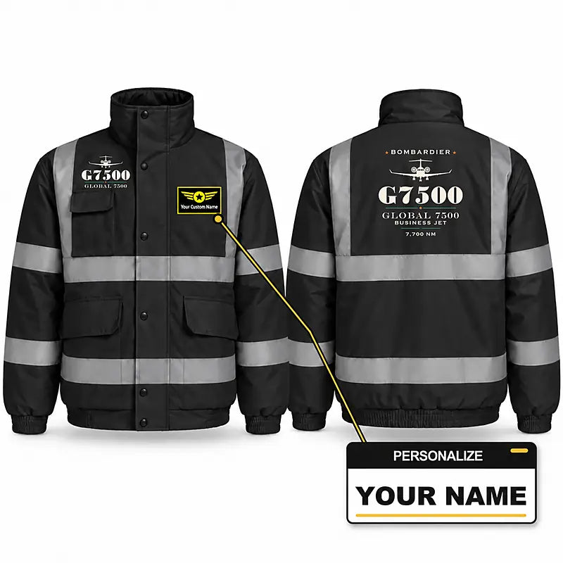 Bombardier Global 7500 Reflective Winter Jackets - Heritage + Name - Black