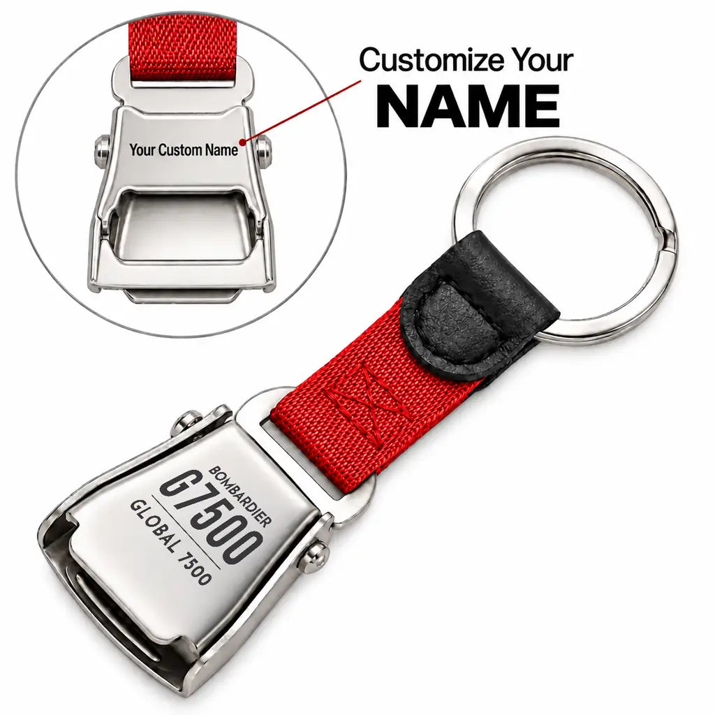 Bombardier Global 7500 - Seat Belt Key Chain - Tag + Name - Red