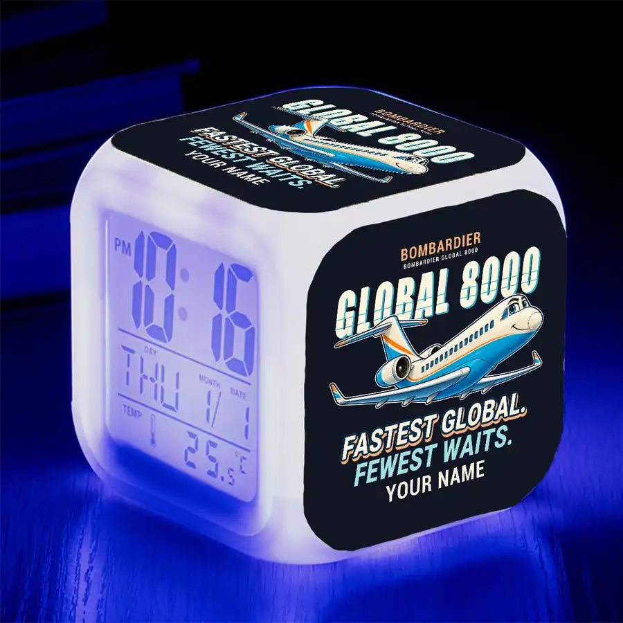 Bombardier Global 8000 - Cartoon + Name - Alarm Clock
