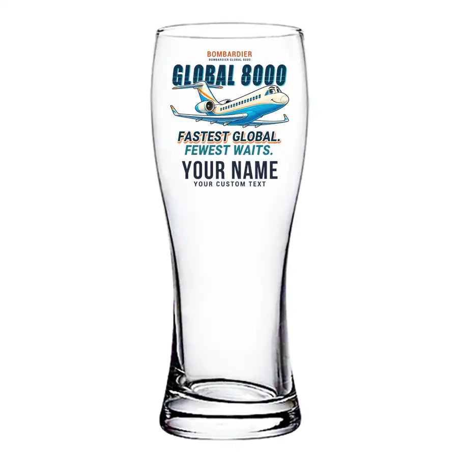 Bombardier Global 8000 - Cartoon + Name - Pilsner Beer Glass