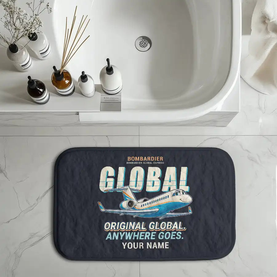 Bombardier Global Express - Cartoon + Name - Bath Mat