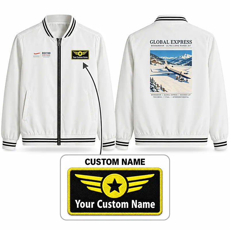 Bombardier Global Express Stylish Jackets - Baseball Collar - Poster + Name - White