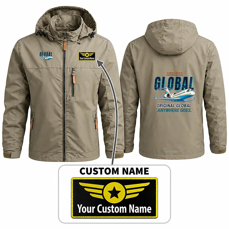 Bombardier Global Express Stylish Jackets - Hooded Windbreaker - Cartoon + Name - Khaki