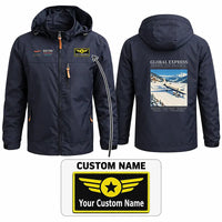 Thumbnail for Bombardier Global Express Stylish Jackets - Hooded Windbreaker - Poster + Name - Navy Blue