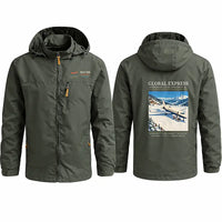 Thumbnail for Bombardier Global Express Stylish Jackets - Hooded Windbreaker - Poster - Olive Green