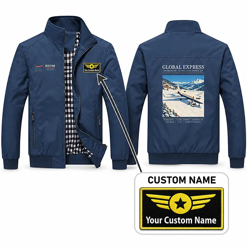 Bombardier Global Express Stylish Jackets - Stand Collar - Poster + Name - Navy Blue