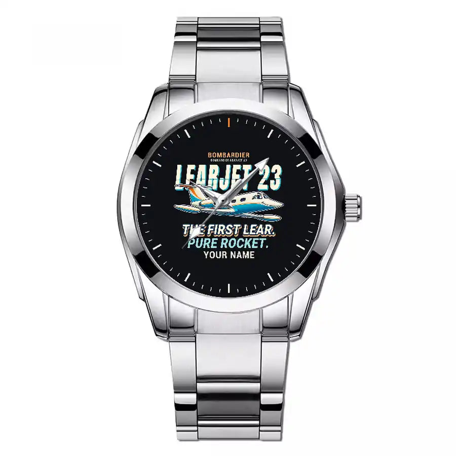 Bombardier Learjet 23 - Cartoon + Name - Stainless Steel Band - For Men