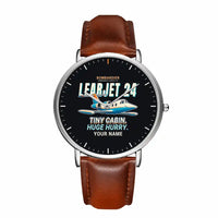 Thumbnail for Bombardier Learjet 24 - Cartoon + Name - Slim Leather - Silver and Brown Leather Strap