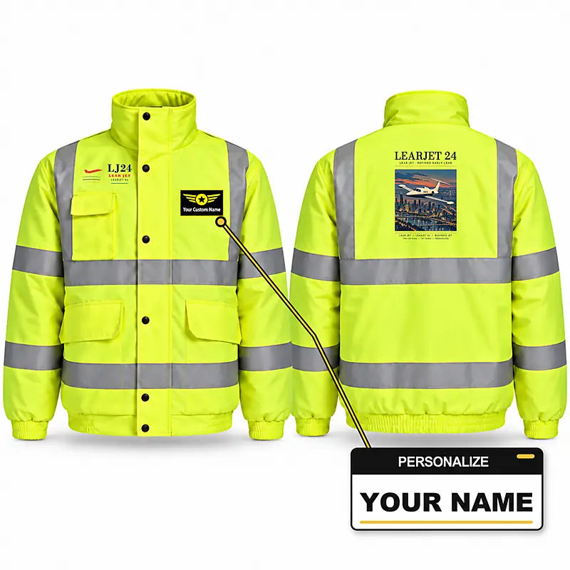 Bombardier Learjet 24 Reflective Winter Jackets - Poster + Name - Fluorescent Yellow