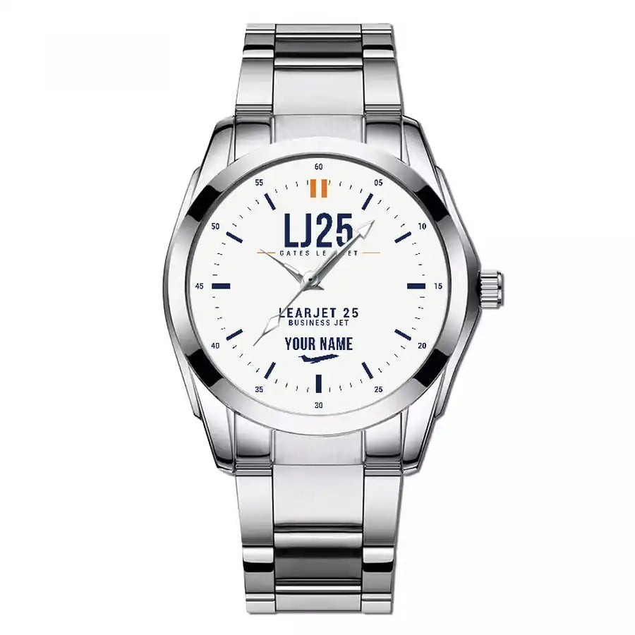 Bombardier Learjet 25 - Classic - White + Name - Stainless Steel Band - For Men