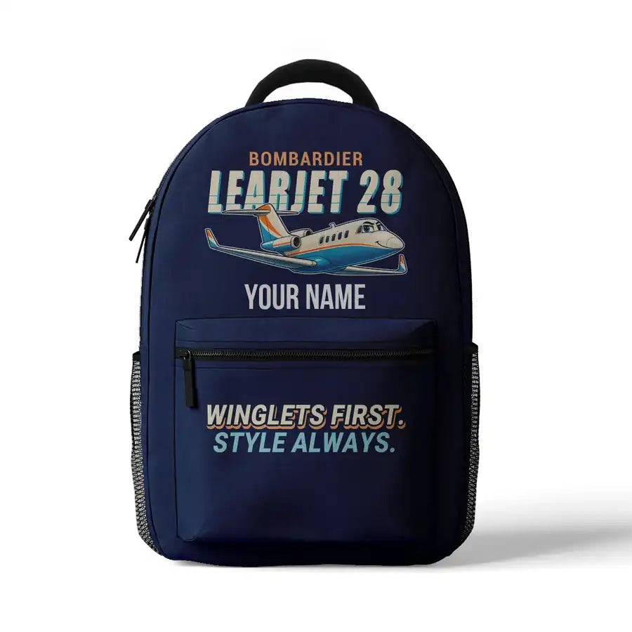 Bombardier Learjet 28 - 3D Backpack - Cartoon + Name - Dark Blue